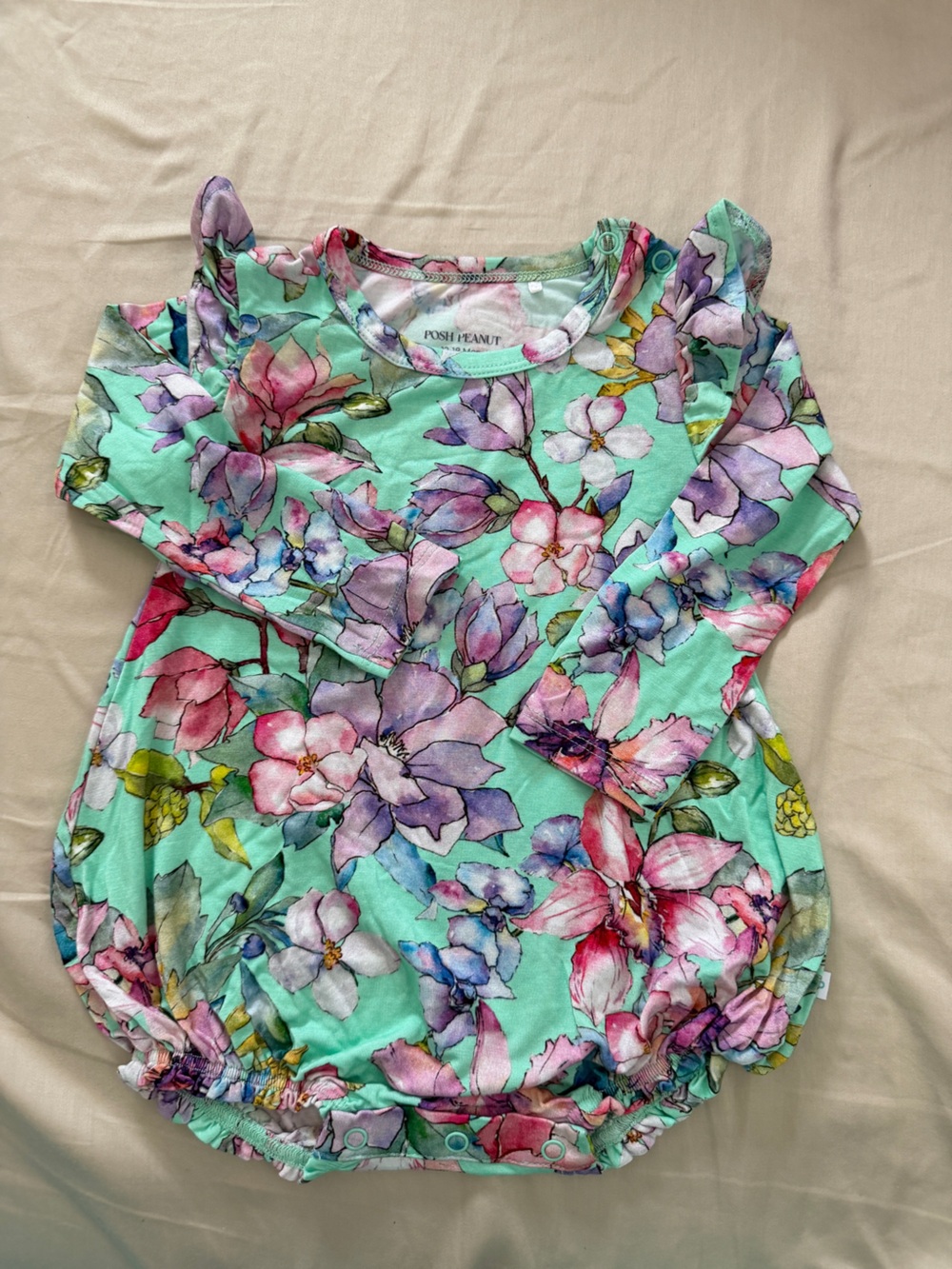 NWOT Posh Peanut ruffle detailed floral romper onsie- 12-18M